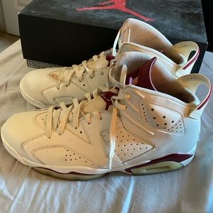 Jordan 6 white and burgundy size 13. Great condition. Stain on right tongue.
